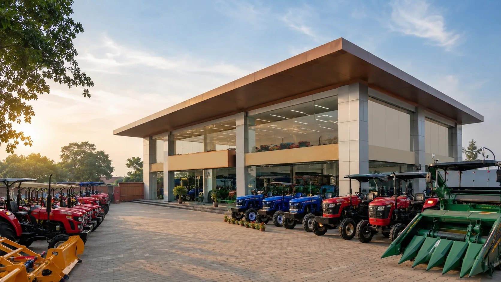 Shyamali Krishna Automobile dealership yard with tractors and implements on display